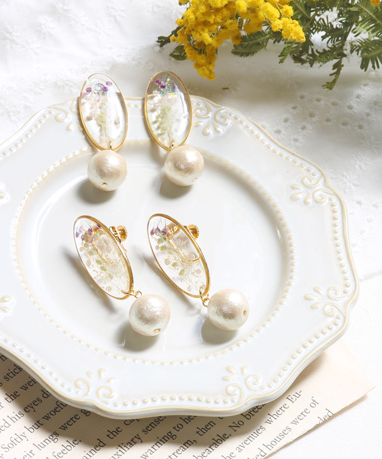 Juno Ohanaコットンパール付ドライフラワーイヤリング ピアス イヤリング 公式 Muk Online Shop 人気アクセサリー ジュエリー通販